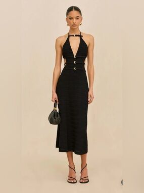 NWT Cult Gaia Evaleigh Dress XS Black Knit Halter Cutout Gold Buckle Sold Out